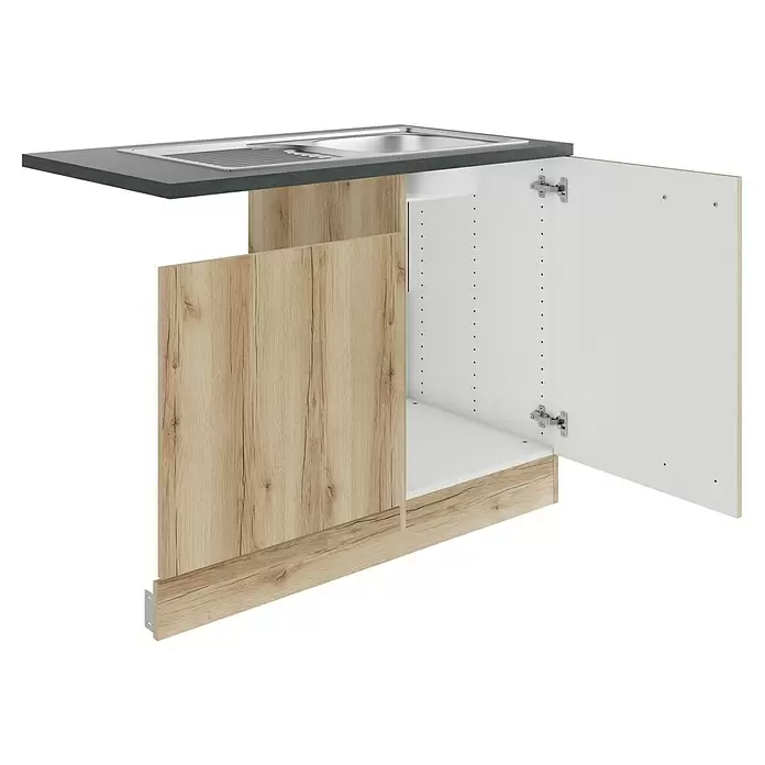 Optifit Livorno290 Spülenunterschrank - B x T x H: 110 x 60 x 84,8 cm, Wildeiche Nachbildung, Für Blende 60 cm für teilintegrierten Geschirrspüler - Zerlegter Küchenunterschrank mit heller Holzoptik, grauer Arbeitsplatte und Edelstahlspüle.