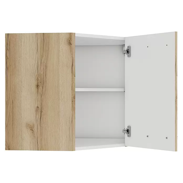 Optifit Livorno290 Eck-Hängeschrank - 34,6 x 60 x 57,6 cm, Wildeiche Nachbildung - Zweitüriger Wandschrank mit einer hellen Holzoptiktür und einer geöffneten weißen Tür, die einen weißen Innenraum mit einem Regal zeigt.