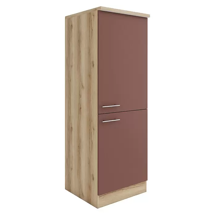 Optifit Bari407 Küchen-Midischrank - 60 x 60 x 174,4 cm, Rostrot - Hoher Aufbewahrungsschrank mit hellen Holzseiten, Ober-/Unterseite und zwei dunkelbraunroten Türen mit silbernen Griffen.