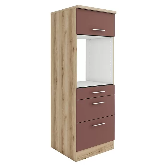 Optifit Bari407 Backofenumbauschrank - B x T x H: 60 x 60 x 174,4 cm, Rostrot, Für Backofen mit 1 Klappe, 1 Schubkasten und 1 Tür - Hoher Küchenschrank mit heller Holzoptik, bordeauxfarbenen Fronten und offenem Geräteeinsatz.