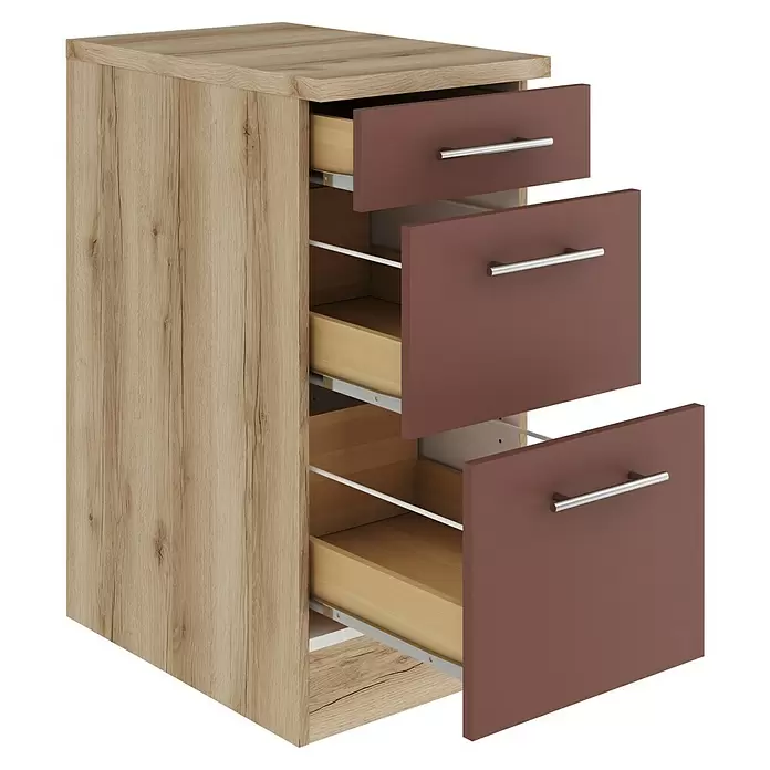 Optifit Bari407 Unterschrank - 60 x 40 x 84,8 cm, Rostrot, Mit 1 Schubkasten und 2 Auszügen - Kommode in heller Holzoptik mit drei teilweise geöffneten braunen Schubladen und silbernen Griffen.