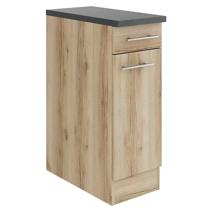 Optifit Livorno290 Unterschrank - 60 x 30 x 84,8 cm, Wildeiche Nachbildung, Mit 1 Schubkasten und 1 Tür - Heller Holz-Unterschrank mit dunkler Arbeitsplatte, Schublade und Tür mit silbernen Griffen.