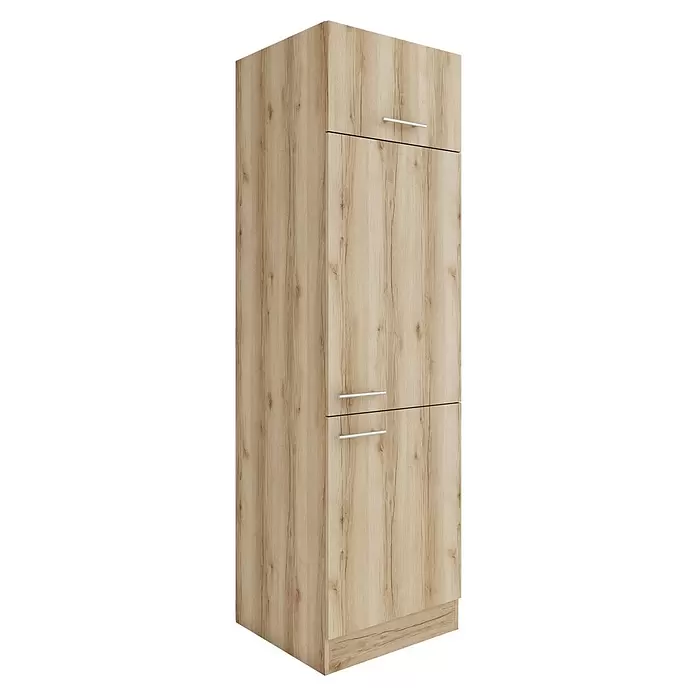 Optifit Livorno290 Kühlumbauschrank - 60 x 60 x 206,8 cm, Wildeiche Nachbildung, Für Kühlschrank - Hoher Schrank in heller Holzoptik mit drei silbernen Griffen und kleinem Sockel.