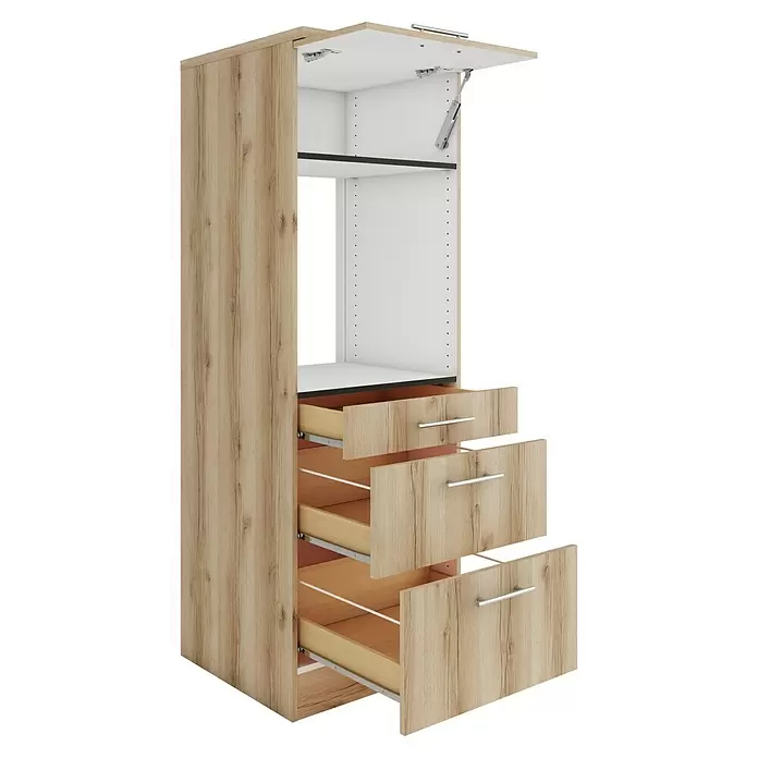 Optifit Livorno290 Midischrank - 60 x 60 x 174,4 cm, Wildeiche Nachbildung, Für Backofen mit 1 Klappe, 1 Schubkasten und 1 Tür - Heller Holzschrank mit drei geöffneten Schubladen und offenem oberen Fach, mit weißem Innenraum und silbernen Griffen.