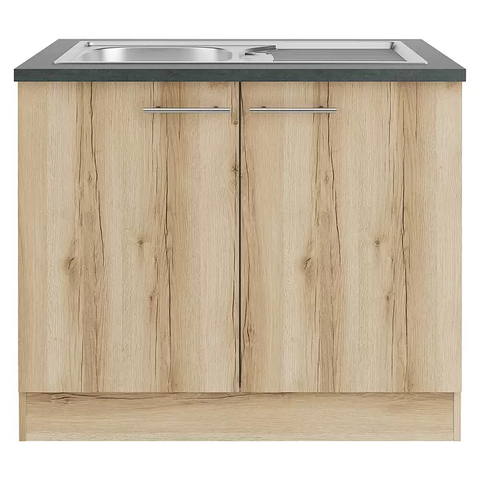 Optifit Livorno290 Spülenunterschrank - 60 x 100 x 84,8 cm, Wildeiche Nachbildung - Spülunterschrank in heller Holzoptik mit dunkelgrauer Arbeitsplatte, Edelstahlspüle und silbernen Griffen.