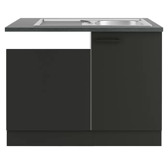 Optifit Madrid420 Spülenunterschrank - 60 x 110 x 84,8 cm, Anthrazit Matt, Mit Blende 60 cm für teilintegrierten Geschirrspüler - Dunkelgrauer Küchenunterschrank mit grauer Arbeitsplatte und integrierter Edelstahlspüle.