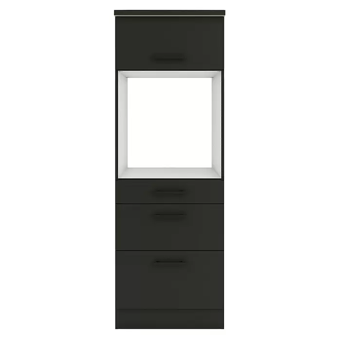 Optifit Madrid420 Midischrank - 60 x 60 x 174,4 cm, Anthrazit Matt, Für Backofen mit 1 Klappe, 1 Schubkasten und 1 Tür - Dunkelgraues Aufbewahrungsmöbel mit offener weißer Ablage, einem Schrank oben und drei Schubladen unten.