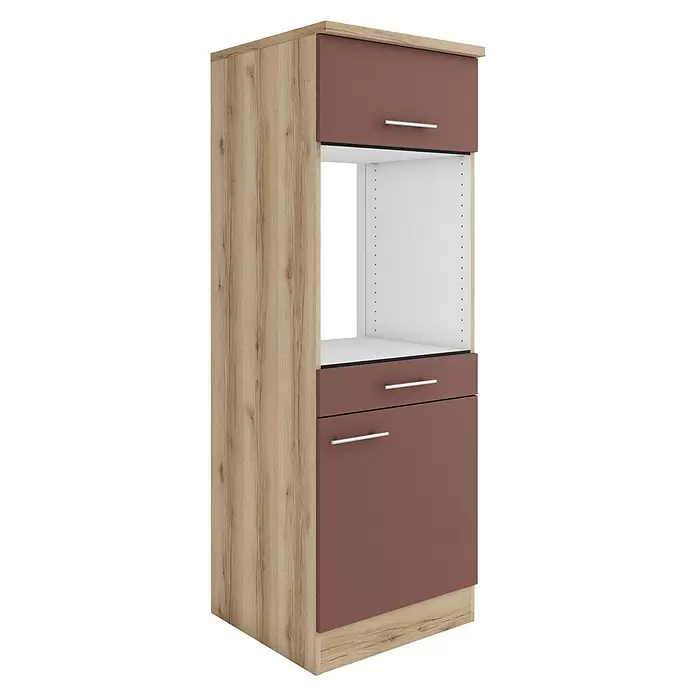 Optifit Bari407 Backofenumbauschrank - B x T x H: 60 x 60 x 174,4 cm, Rostrot, Für Backofen und Kühlschrank 88 cm mit 1 Tür und Arbeitsplatte - Hoher Küchenschrank mit hellen Holzseiten, dunkelrotbrauner Tür-/Schubladenkombination und offenem weißem Fach für ein Gerät.
