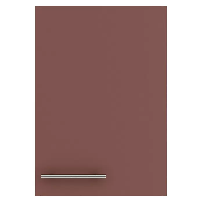 Optifit Bari407 Hängeschrank - 34,6 x 40 x 57,6 cm, Rostrot - Rotbraune Platte mit einem silbernen horizontalen Griff.