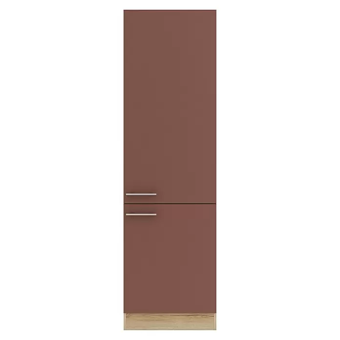 Optifit Bari407 Küchen-Hochschrank - 60 x 60 x 206,8 cm, Rostrot - Zweitüriger rötlich-brauner Schrank mit silbernen Griffen und hellem Holzsockel.