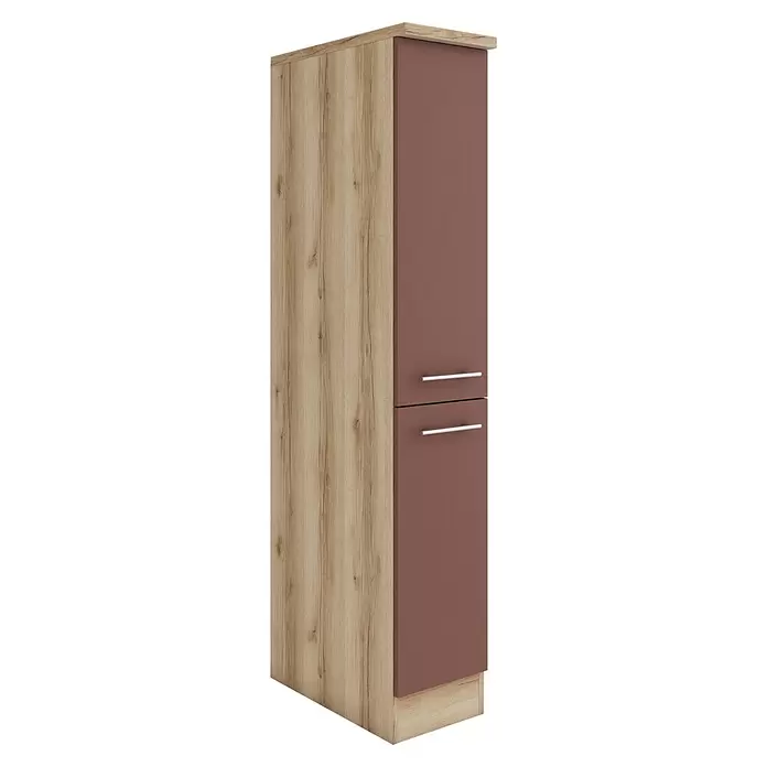 Optifit Bari407 Küchen-Midischrank - 60 x 30 x 174,4 cm, Rostrot - Hoher Stauraumschrank mit heller Eichenholz-Optik an Seite, Ober- und Unterboden. Mit zwei malve-braunen Türen und silbernen Griffen.
