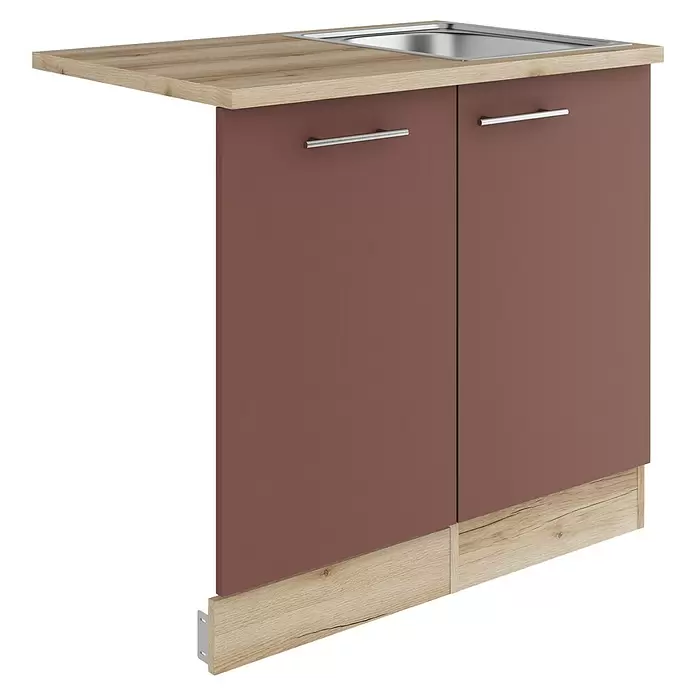 Optifit Bari407 Spülenunterschrank - 60 x 90 x 84,8 cm, Rostrot, Mit Blende 45 cm für vollintegrierten Geschirrspüler - Rotbrauner Küchenunterschrank mit Holzarbeitsplatte, integriertem Edelstahlspülbecken, silbernen Griffen und Holzsockel.