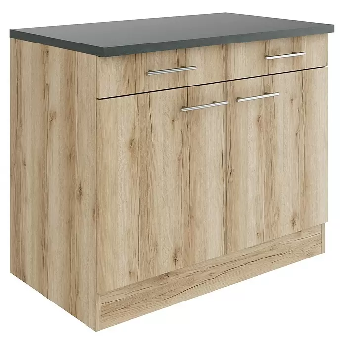 Optifit Livorno290 Küchen-Unterschrank - 60 x 100 x 84,8 cm, Wildeiche Nachbildung, Mit 2 Schubkästen und 2 Türen - Heller Holzmaserung-Unterschrank mit dunkelgrauer Arbeitsplatte, zwei Schubladen und zwei Türen mit silbernen Griffen.