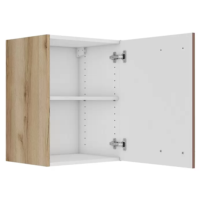 Optifit Bari407 Hängeschrank - 34,6 x 45 x 57,6 cm, Rostrot - Offener Oberschrank mit weißem Innenraum und heller Holztür, zeigt ein verstellbares Regal, Scharniere und eine obere Halterung.