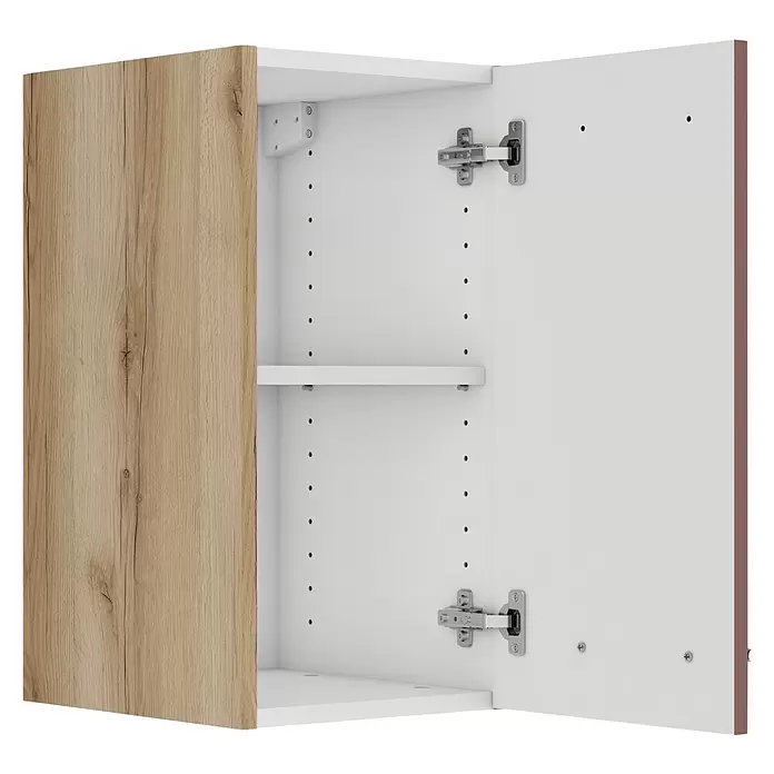 Optifit Bari407 Hängeschrank - 34,6 x 30 x 57,6 cm, Rostrot - Offener Oberschrank mit heller Holzmaserungstür, weißem Innenraum und verstellbarem Einlegeboden.