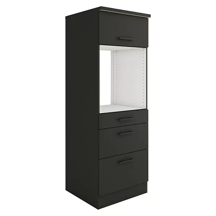 Optifit Madrid420 Midischrank - 60 x 60 x 174,4 cm, Anthrazit Matt, Für Backofen mit 1 Klappe, 1 Schubkasten und 1 Tür - Hoher dunkelgrauer Küchenschrank mit offenem Mittelteil für Ofen oder Mikrowelle, Oberschrank und drei Schubladen mit schwarzen Griffen.