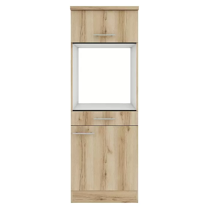 Optifit Livorno290 Midischrank - 60 x 60 x 174,4 cm, Wildeiche Nachbildung, Für Backofen und Kühlschrank 88 cm mit 1 Tür - Hoher Küchenschrank in heller Eichenholzoptik mit offener Nische für ein Gerät, einer Schublade und einer unteren Schranktür.