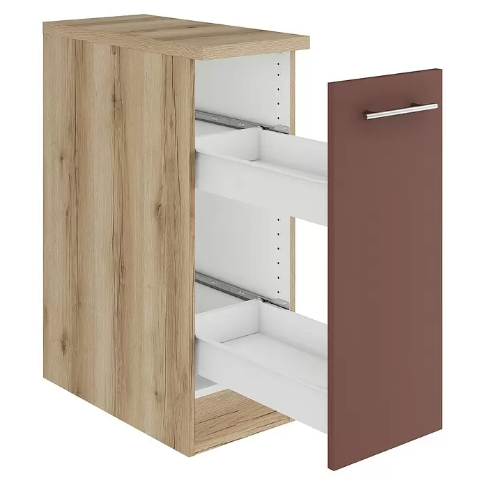 Optifit Bari407 Unterschrank - 60 x 60 x 84,8 cm, Rostrot, Mit 1 Auszug und 2 Metallschubkästen - Schubladenunterschrank in Holzoptik mit zwei geöffneten weißen Schubladen und einer geschlossenen braunen Frontplatte mit Silbergriff.