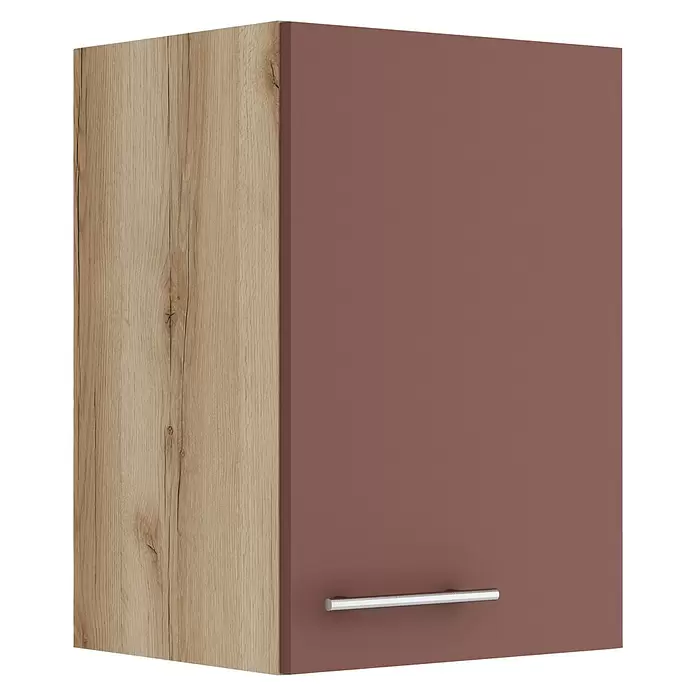 Optifit Bari407 Hängeschrank - 34,6 x 40 x 57,6 cm, Rostrot - Hängeschrank mit heller Holzmaserung Seitenwand und rotbrauner Tür mit silbernem Stangengriff.