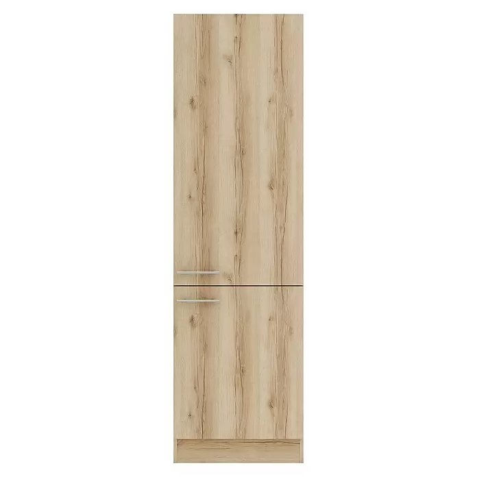 Optifit Livorno290 Hochschrank - 60 x 60 x 206,8 cm, Wildeiche Nachbildung - Helle Holzoptik-Möbelfront mit zwei horizontalen silbernen Griffen.
