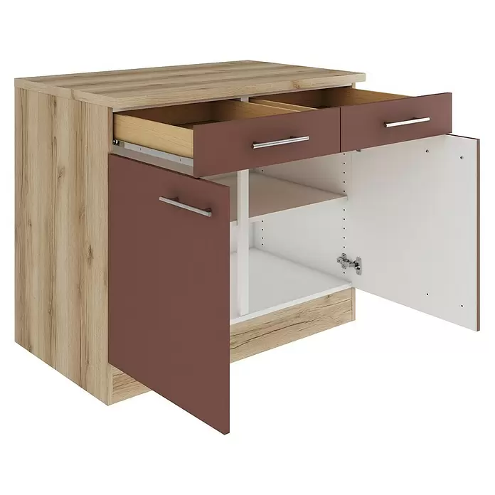 Optifit Bari407 Unterschrank - 60 x 100 x 84,8 cm, Rostrot, Mit 2 Schubkästen und 2 Türen - Helle Holzmaserung und rotbrauner Schrank mit zwei offenen Schubladen, eine mit Trennern, und einer offenen Tür mit weißen Regalen.