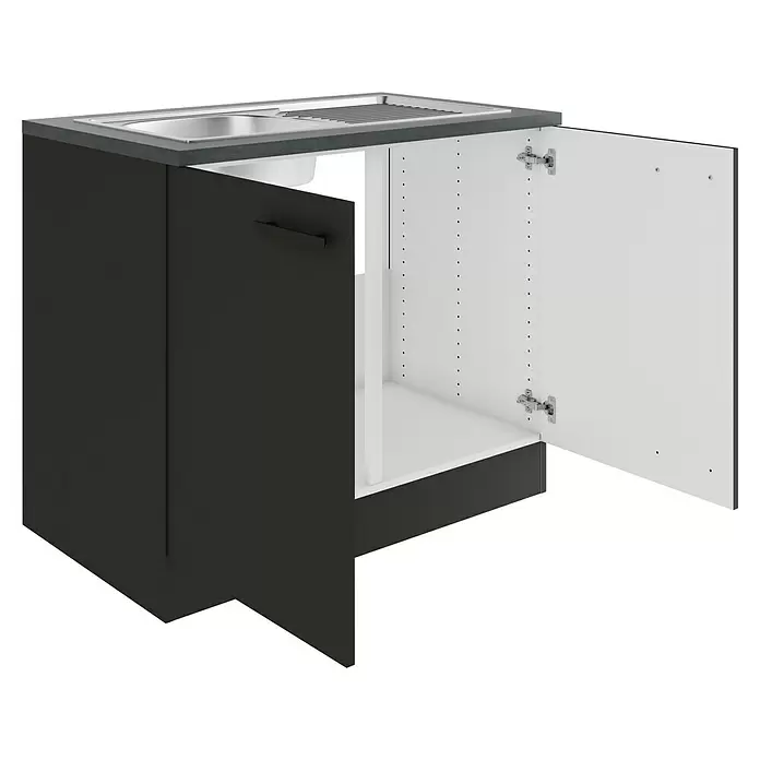 Optifit Madrid420 Spülenunterschrank - 60 x 100 x 84,8 cm, Anthrazit Matt - Anthrazitfarbener Spülenunterschrank mit Edelstahlspüle, eine Tür offen mit weißem Innenraum.