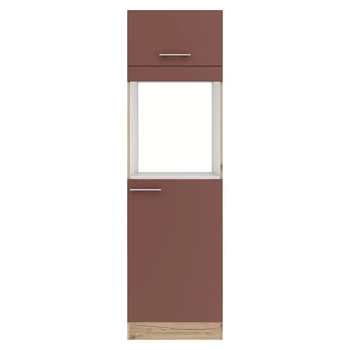 Optifit Bari407 Kühlumbauschrank - B x T x H: 60 x 60 x 206,8 cm, Rostrot, Mit 1 Klappe und 2 Türen für Backofen und Kühlschrank 88 cm - Küchenschrankmodul mit zwei rotbraunen Türen, silbernen Griffen und offenem Fach, mit hellen Holzdetails.