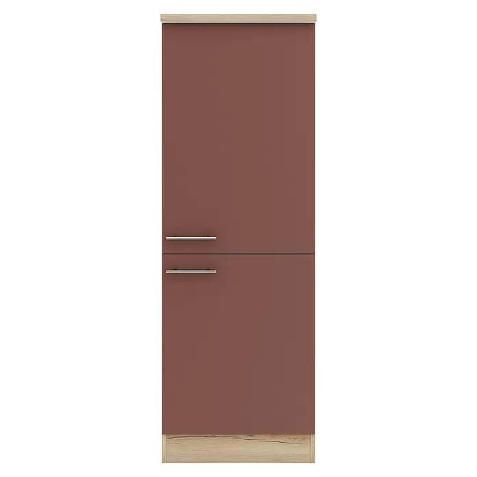 Optifit Bari407 Küchen-Midischrank - 60 x 60 x 174,4 cm, Rostrot - Hohe rotbraune Schrankfront mit zwei silbernen Griffen und heller Holzverkleidung oben und unten. Eine zentrale Linie trennt zwei Abschnitte.