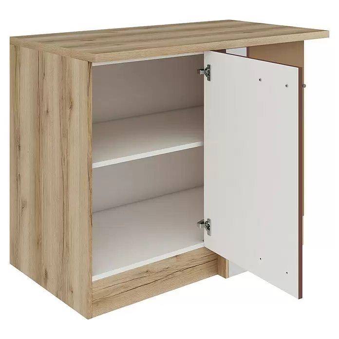 Optifit Bari407 Eck-Unterschrank - 60 x 110 x 84,8 cm, Rostrot - Heller Holzmaserung-Schrank mit einer geöffneten weißen Tür, der zwei weiße Regalböden zeigt.