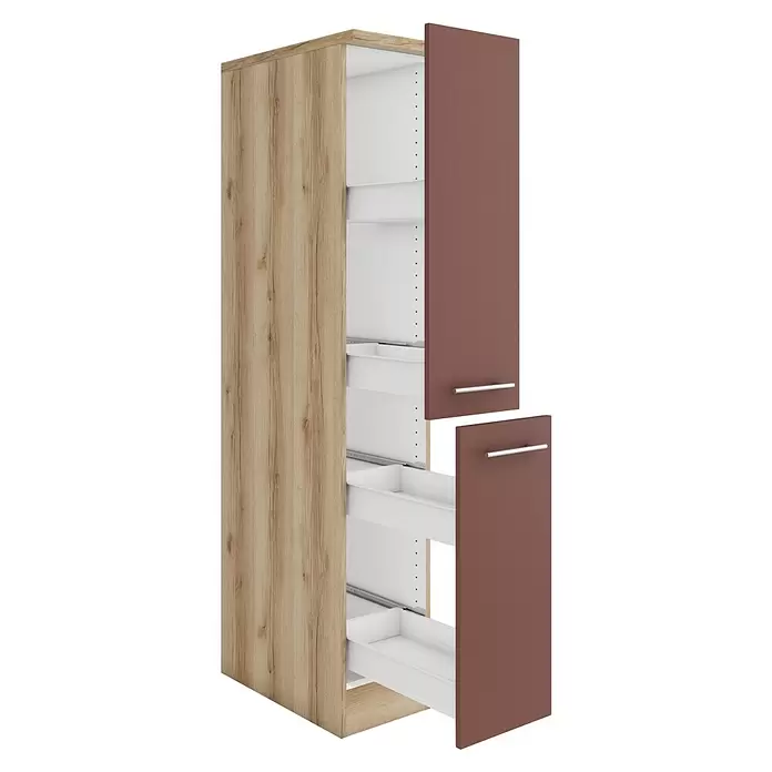Optifit Bari407 Küchen-Midischrank - 60 x 30 x 174,4 cm, Rostrot - Hoher Schrank mit heller Holzseitenwand und braunen Fronten, mit mehreren offenen Auszügen für die Aufbewahrung.