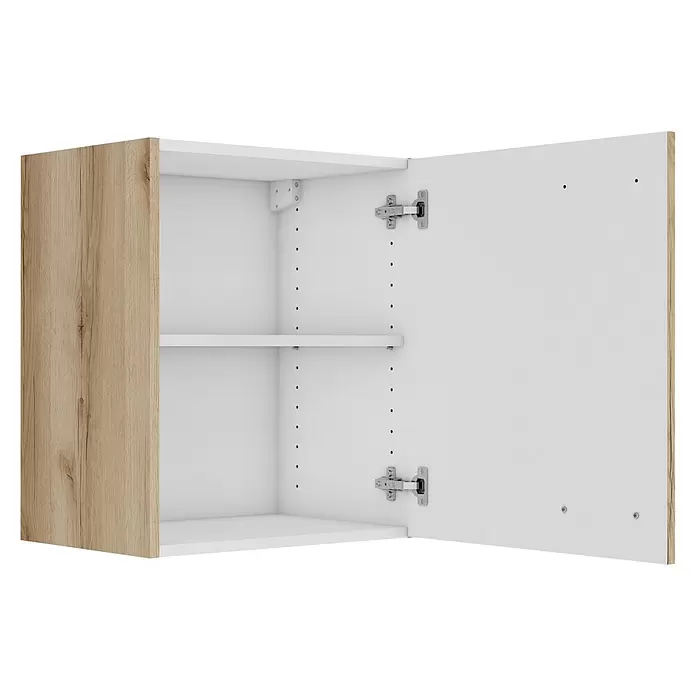 Optifit Livorno290 Hängeschrank - 34,6 x 50 x 57,6 cm, Wildeiche Nachbildung - Offener weißer Hängeschrank mit einem verstellbaren Regal, Holzoptik-Seitenwand und Metallscharnieren.