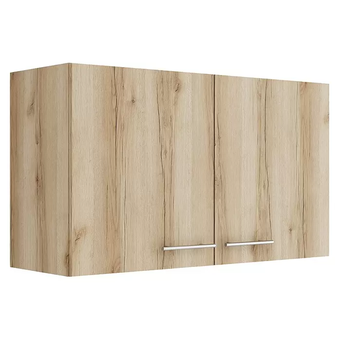Optifit Livorno290 Hängeschrank - 34,6 x 100 x 57,6 cm, Wildeiche Nachbildung - Heller Holz-Wandschrank mit zwei Türen und silberfarbenen Griffen.