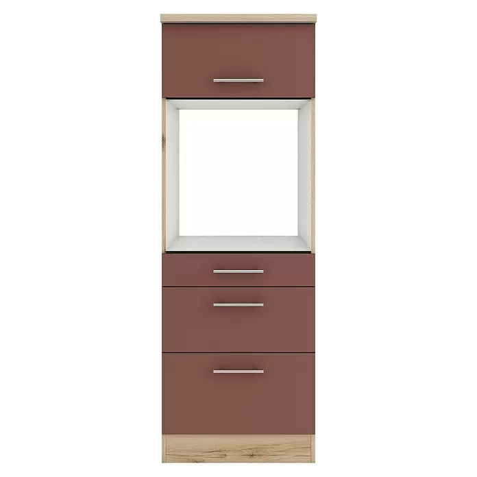 Optifit Bari407 Backofenumbauschrank - B x T x H: 60 x 60 x 174,4 cm, Rostrot, Für Backofen mit 1 Klappe, 1 Schubkasten und 1 Tür - Bordeauxroter Schrank mit heller Holzverkleidung, offenem Fach und drei Schubladen mit silbernen Griffen.