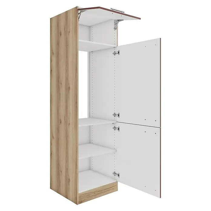 Optifit Bari407 Kühlumbauschrank - B x T x H: 60 x 60 x 206,8 cm, Rostrot, Mit 1 Klappe und 2 Türen mit Nische für Kühlschrank 88 cm - Offener Hochschrank mit heller Holzoptik-Seitenwand, weißem Innenraum und drei Türen (eine Klapp-, zwei Schwingtüren) mit verstellbaren Einlegeböden.