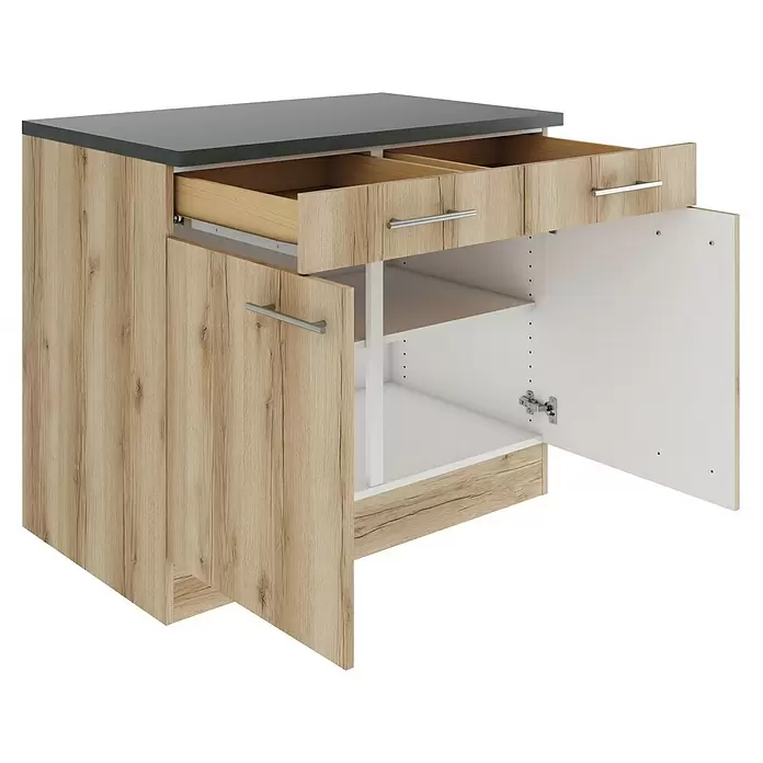 Optifit Livorno290 Küchen-Unterschrank - 60 x 100 x 84,8 cm, Wildeiche Nachbildung, Mit 2 Schubkästen und 2 Türen - Heller Küchenunterschrank in Holzoptik mit dunkelgrauer Arbeitsplatte, offener oberer Schublade und offener Unterschranktür mit Regalen.