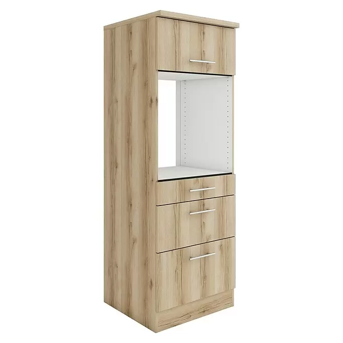 Optifit Livorno290 Midischrank - 60 x 60 x 174,4 cm, Wildeiche Nachbildung, Für Backofen mit 1 Klappe, 1 Schubkasten und 1 Tür - Hoher Küchenschrank aus hellem Holzdekor mit Oberschrank, offenem Gerätefach und drei Schubladen mit silbernen Griffen.