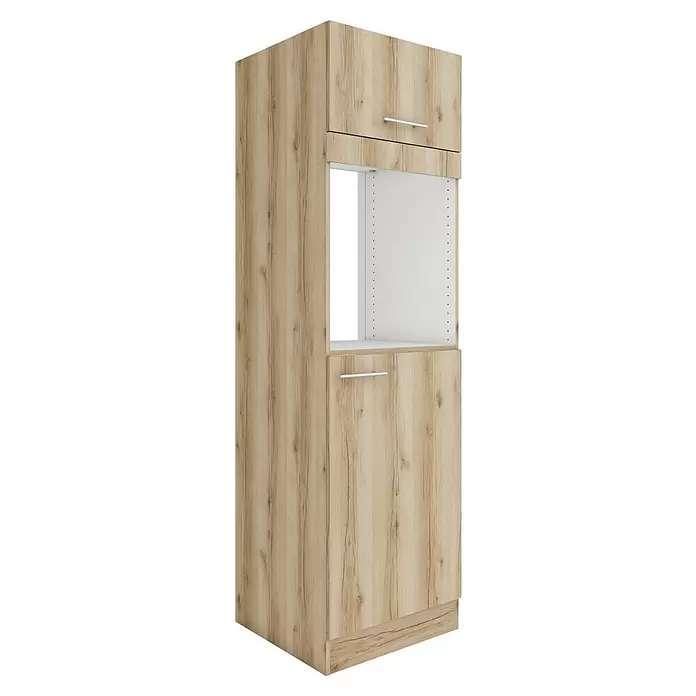 Optifit Livorno290 Kühlumbauschrank - 60 x 60 x 206,8 cm, Wildeiche Nachbildung, Für Backofen und Kühlschrank - Hoher Schrank in heller Eichenoptik mit offener Nische und zwei geschlossenen Fächern mit silbernen Griffen.