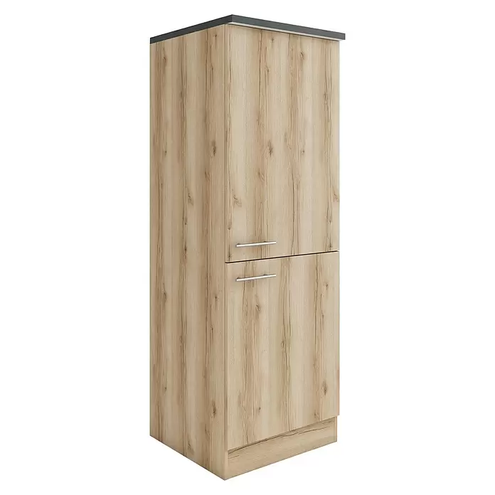 Optifit Livorno290 Midischrank - 60 x 60 x 174,4 cm, Wildeiche Nachbildung, Mit 2 Türen und für Kühlschrank 88 cm - Hoher Holzschrank in heller Eichenoptik mit dunkelgrauer Platte und silbernen Griffen.