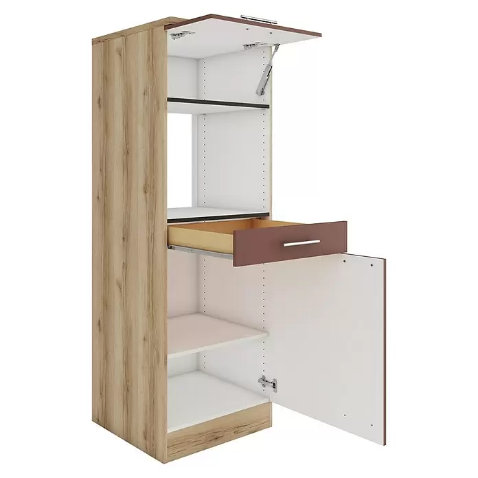 Optifit Bari407 Backofenumbauschrank - B x T x H: 60 x 60 x 174,4 cm, Rostrot, Für Mikrowelle mit 1 Klappe, 1 Schubkasten und 1 Tür - Hoher Schrank in heller Holzoptik mit weißem Innenraum, geöffneter brauner Schublade und geöffneten Türen.