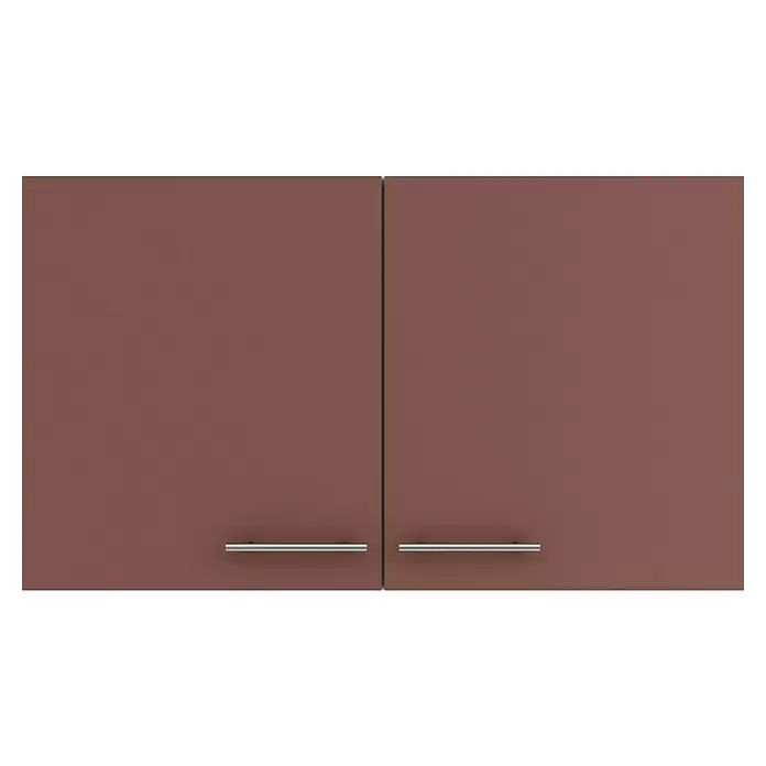 Optifit Bari407 Hängeschrank - 34,6 x 100 x 57,6 cm, Rostrot - Zwei braune Hängeschränke mit horizontalen silbernen Griffen.