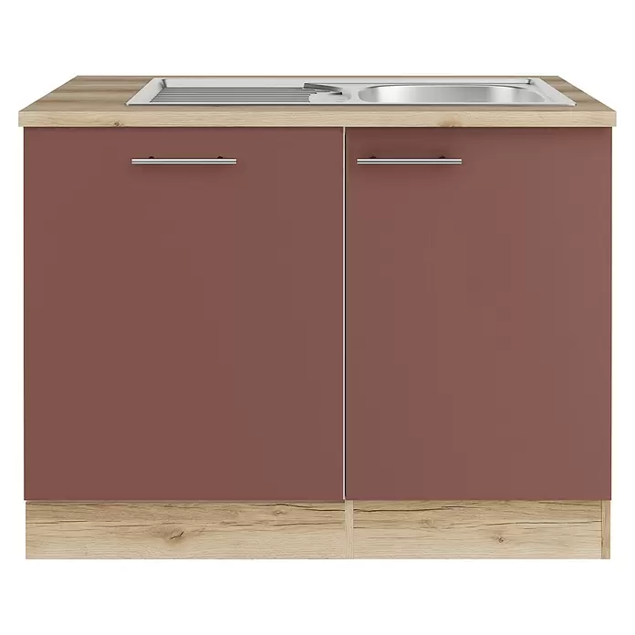 Optifit Bari407 Spülenunterschrank - 60 x 110 x 84,8 cm, Rostrot, Mit Blende 60 cm für vollintegrierten Geschirrspüler - Brauner Küchenunterschrank mit heller Holzplatte, integrierter Edelstahlspüle und silbernen Griffen.