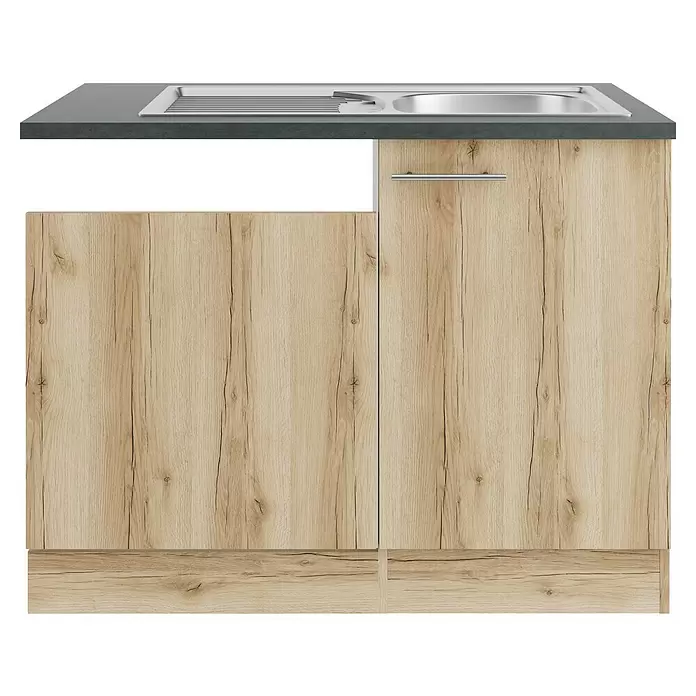 Optifit Livorno290 Spülenunterschrank - B x T x H: 110 x 60 x 84,8 cm, Wildeiche Nachbildung, Für Blende 60 cm für teilintegrierten Geschirrspüler - Heller Küchenunterschrank mit Spüle, dunkler Arbeitsplatte und Edelstahlsink.