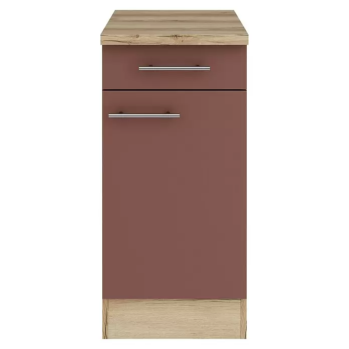 Optifit Bari407 Unterschrank - 60 x 40 x 84,8 cm, Rostrot, Mit 1 Schubkasten und 1 Tür - Hoher Schrank mit zwei rotbraunen Schubladen, heller Holzplatte, Sockel und silbernen Griffen.