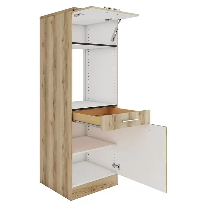 Optifit Livorno290 Midischrank - 60 x 60 x 174,4 cm, Wildeiche Nachbildung, Für Backofen und Kühlschrank 88 cm mit 1 Tür - Offener Kleiderschrank mit heller Holzoptik und weißen Einlegeböden, mit geöffneter Schublade und hochklappbarer Tür.