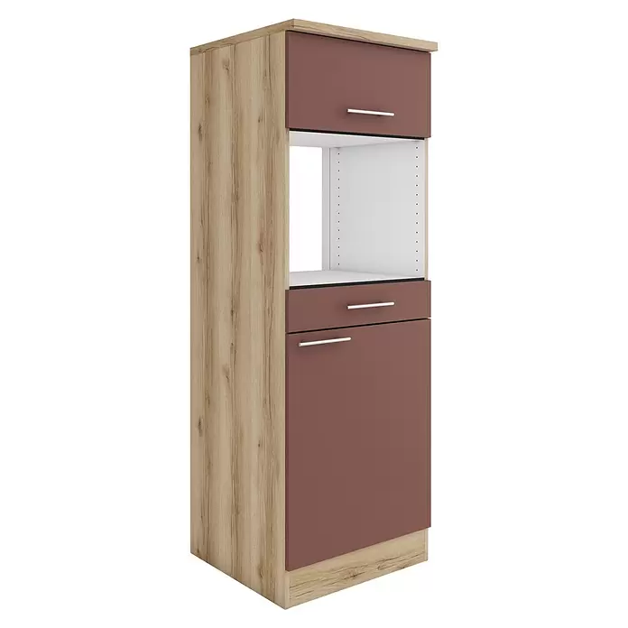 Optifit Bari407 Backofenumbauschrank - B x T x H: 60 x 60 x 174,4 cm, Rostrot, Für Mikrowelle mit 1 Klappe, 1 Schubkasten und 1 Tür - Hoher Schrank mit Holzoptik-Seiten, terrakottafarbenen Türen/Schublade und offenem Fach für Gerät. Silberne Griffe.