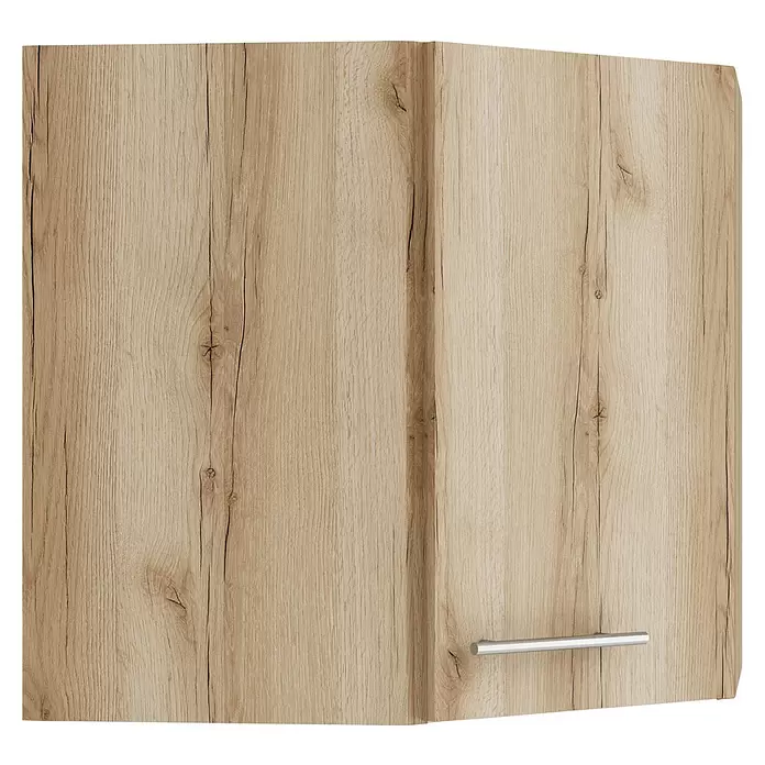 Optifit Livorno290 Eck-Hängeschrank - 34,6 x 60 x 57,6 cm, Wildeiche Nachbildung - Hellbraune Holzschranktür mit ausgeprägter Maserung und einem horizontalen silbernen Griff.