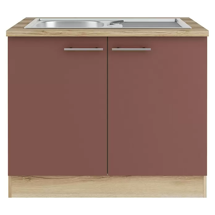 Optifit Bari407 Spülenunterschrank - 60 x 100 x 84,8 cm, Rostrot - Rotbrauner Küchenspülunterschrank mit Holzarbeitsplatte und Edelstahlspüle.