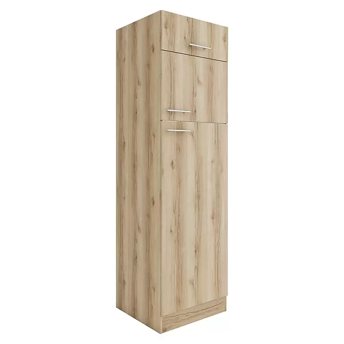 Optifit Livorno290 Kühlumbauschrank - 60 x 60 x 206,8 cm, Wildeiche Nachbildung, Für Kühlschrank hoch - Hoher Schrank aus hellem Holz mit drei Schubladen und silbernen Griffen.