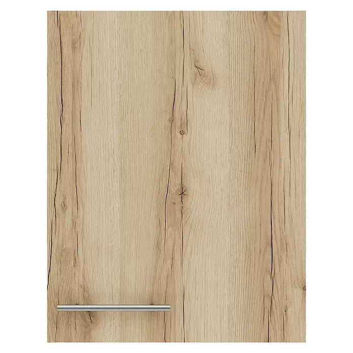 Optifit Livorno290 Hängeschrank - 34,6 x 45 x 57,6 cm, Wildeiche Nachbildung - Hellebraune Holzmaserung Schranktür mit horizontalem Griff aus gebürstetem Metall.