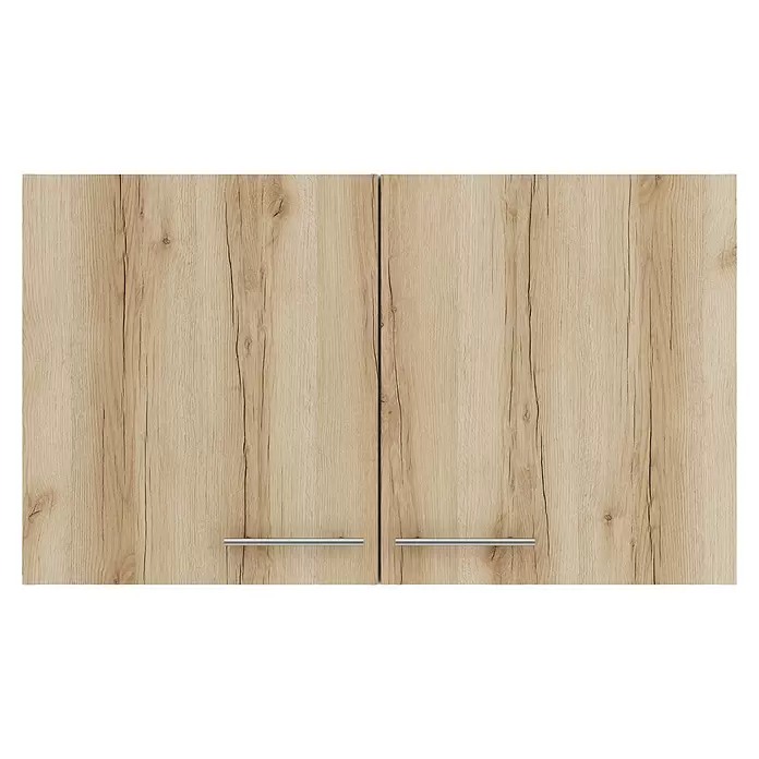 Optifit Livorno290 Hängeschrank - 34,6 x 100 x 57,6 cm, Wildeiche Nachbildung - Zwei helle Holzmaserung-Schranktüren mit horizontalen silbernen Stangengriffen.